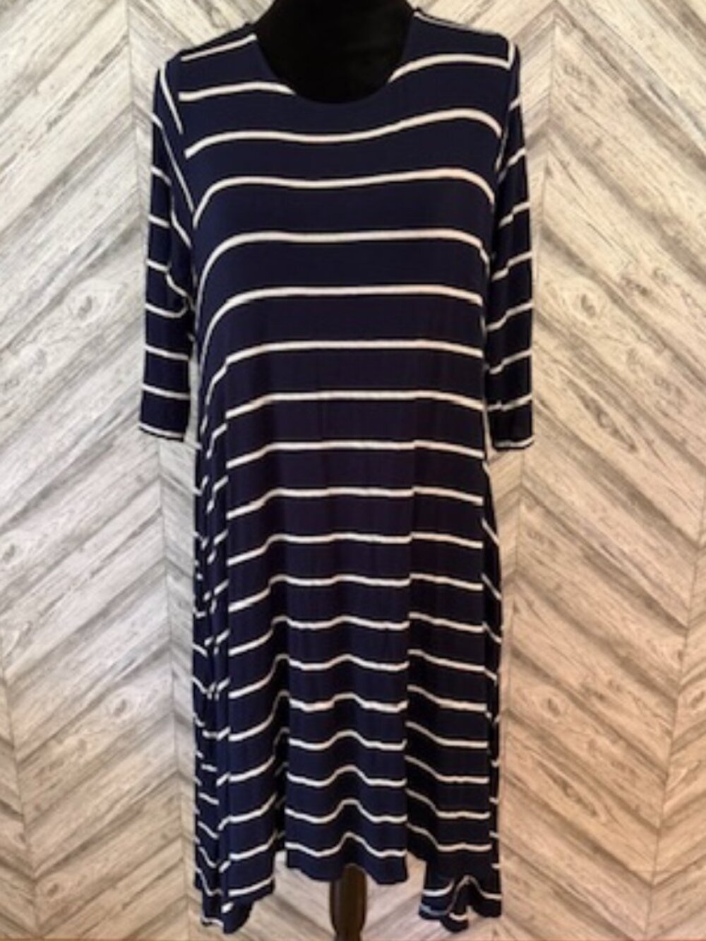 AGNES & DORA 3/4 Sleeve Swing Dress, Blue/White Stripe